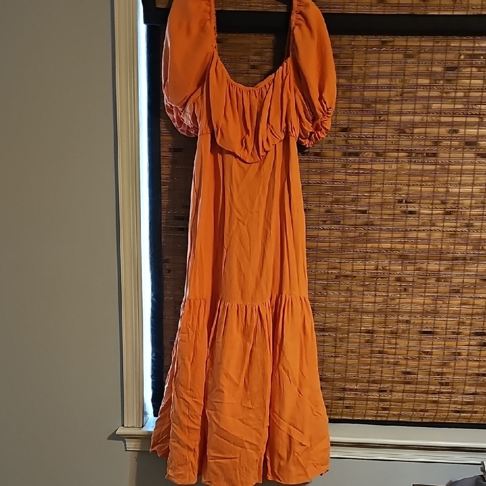 Eloquii Orange Ruffled Tiered Sundress with Off-Shoulder Puff Sleeves